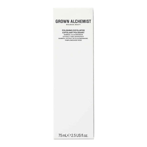 Grown Alchemist Polishing Exfoliator, white box packaging, with black lettering & minimalistic design.