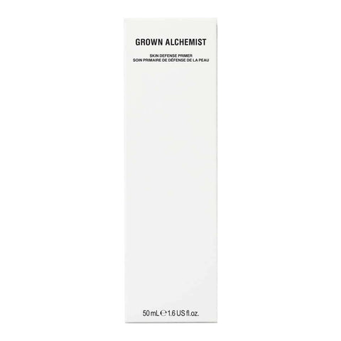 Grown Alchemist Skin Defense Primer 50ml in a tall white box with small black lettering, front of the box on a plain white background