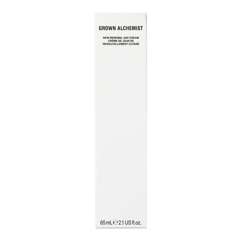 Grown Alchemist Skin Renewal Day Cream 65ml in a tall white box with black lettering, front of the box on a plain white background