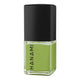 Green nail polish bottle with black cap on a white background