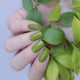 Hand with green nail polish holding a leafy branch against a light purple background