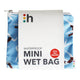 hannah Waterproof Mini Wet Bag, ideal for carrying 1-2 smaller liners or pads. Approx. 13cm x 14.5cm. Features a waterproof lining with a zipper closure, making it the perfect travel size. Light blue coloured bag.