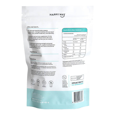 Back of Happy Way creatine powder monohydrate 300g pouch showing benefits, ingredients, directions, and nutritional information. 