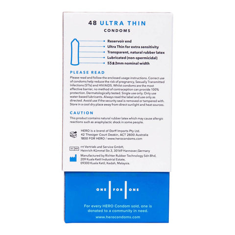 Back of Hero Condoms packaging with product details, instructions and precautions.