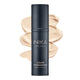 Bottle of INIKA Organic Liquid Foundation with a cream-coloured swatch behind it.