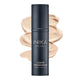 Bottle of INIKA Organic Liquid Foundation with a nude-coloured swatch behind it.