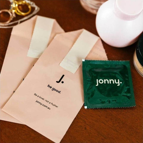 Jonny Overnighter 3 Pack vegan condoms with disposal bags.