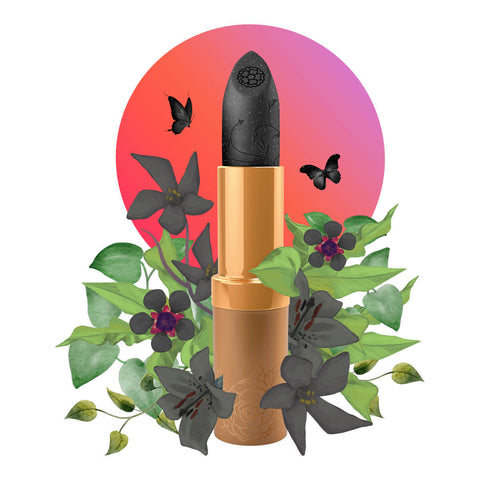 Lipstick detailed with vines & flower on the tip, set against a floral background.