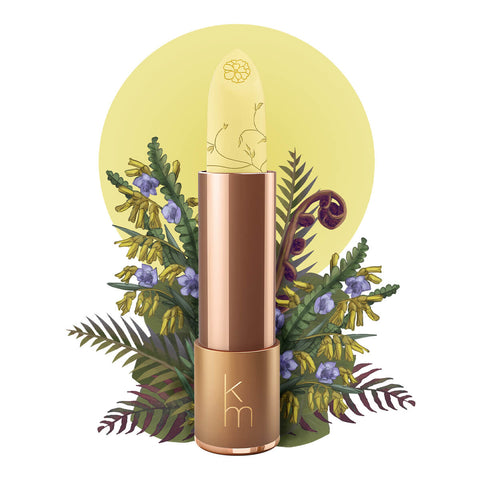 Moisture stick with vine details & a flower on the tip. Set against a floral background.