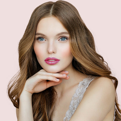 Young woman with fair skin tone & dark blonde hair wearing pink starlet lipstick.