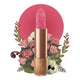 Lipstick detailed with vines & a flower on the tip, set against a floral background.