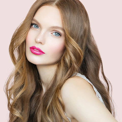 Young woman with fair skin tone & long blonde hair, wearing fuchsia shock lipstick.