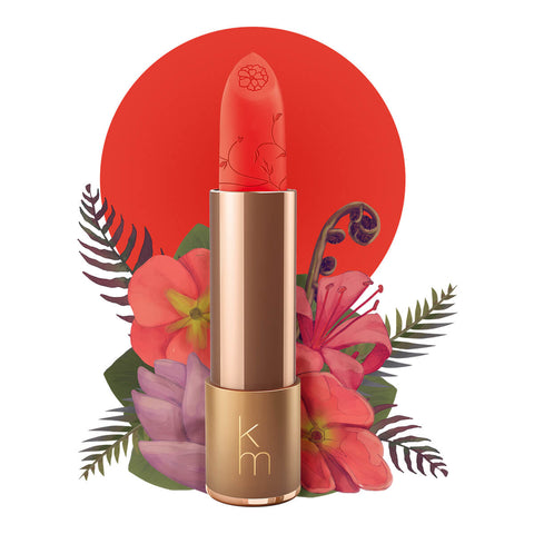 Lipstick detailed with vines & flower on the tip, set against a floral background. 