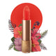 Lipstick detailed with vines & flower on the tip, set against a floral background. 