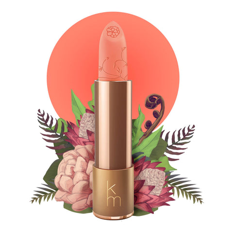 Lipstick detailed with vines & flower on the tip, set against a floral background. 