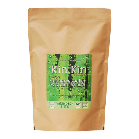 Kin Kin Naturals Eco Soaker and Stain Remover Eucalypt & Lime 2.5kg in a larger kraft paper pouch with a green label, front view on white
