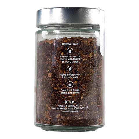 Right side 150g jar Kintra Foods Roasted Dandelion Blend, showing brewing instructions.