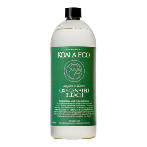 Koala Eco Oxygenated Bleach 1L in a clear bottle with a green label and black cap, front view on a plain white background, clear product photo