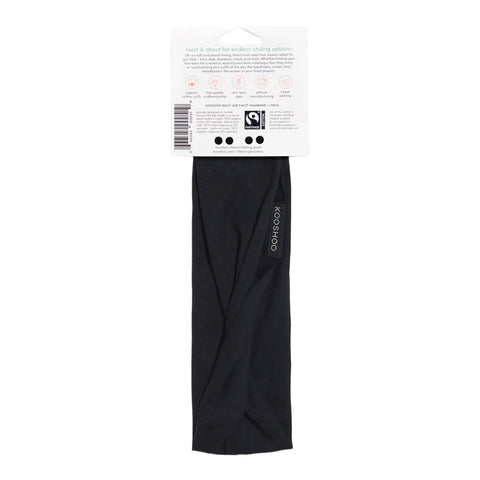Black headband with a brand label on a white background