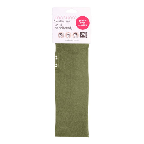 Kooshoo Organic Twist Headband - Olive Branch with packaging on a white background.