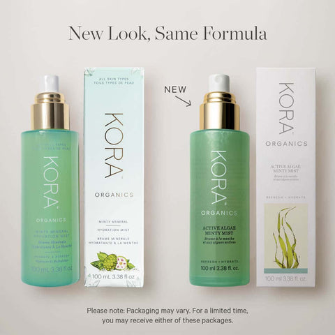 Minty Mineral Hydration Mist packaging vs. new Active Algae Minty Mist packaging. Same formula, different name and design.