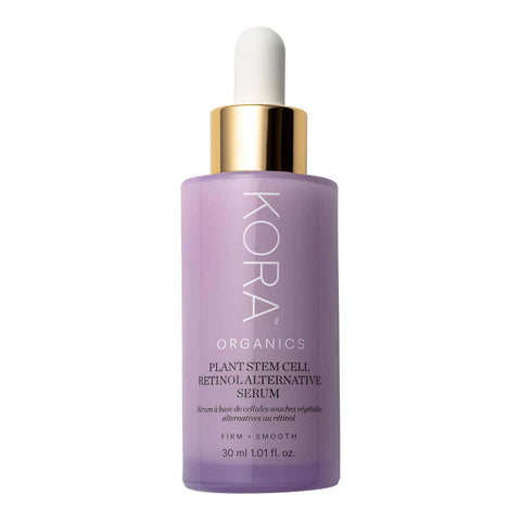 Kora Organics plant stem cell retinol alternative serum 30ml bottle on a white background. Firms + smooths maturing skin. 