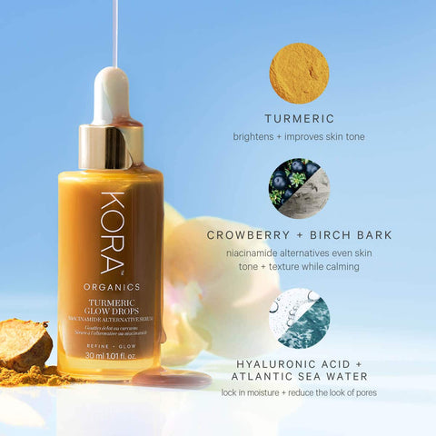 Kora Organics Turmeric Glow Drops with hero ingredients and benefits listed on a blue background.