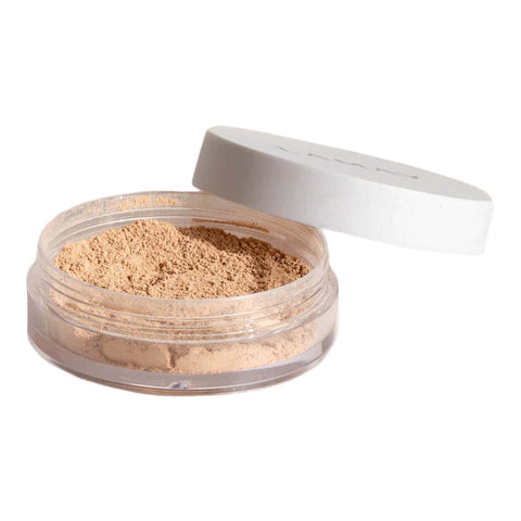 Open container of lamav loose powder mineral foundation in the shade - light medium.