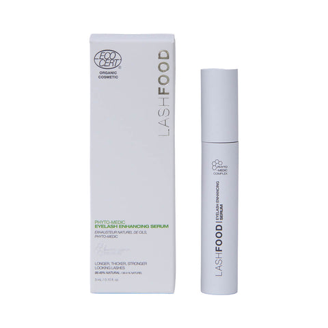 3ml tube and box LASHFOOD Phyto-Medic Eyelash Enhancing Serum, promotes longer, thicker, and stronger-looking eyelashes.