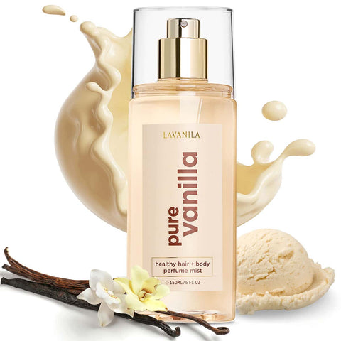 Lavanila Pure Vanilla 150ml perfume mist with vanilla beans and ice cream on a white background.