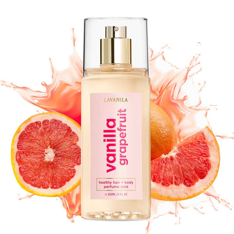Lavanila Vanilla Grapefruit 150ml perfume mist bottle with grapefruit slices on a white background.