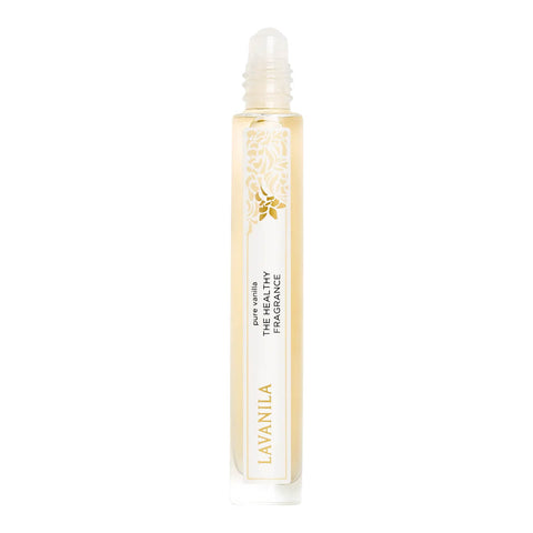Lavanila The Healthy Fragrance Pure Vanilla 10ml roller in a slim glass bottle with a gold cap, front view on a plain white background