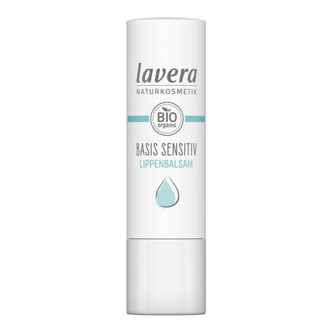 Lavera Basis Sensitiv Lip Balm 4.5g white lip balm stick with the lavera lettering, standing upright on a plain white background
