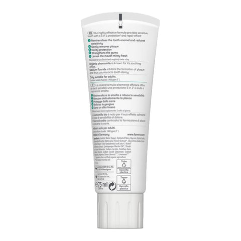 Lavera Toothpaste Sensitive & Repair with Fluoride 75ml white tube turned to show the back with small print on a plain white background