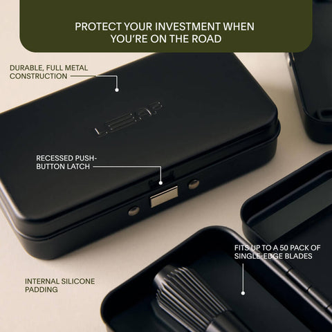 Leaf Shave Single Edge Travel Case features infographic reading Protect Your Investment When You're On The Road with labelled case parts