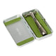 Leaf Shave Single Edge Travel Case open metal case showing a razor in green silicone padding on a plain white background, clear product photo