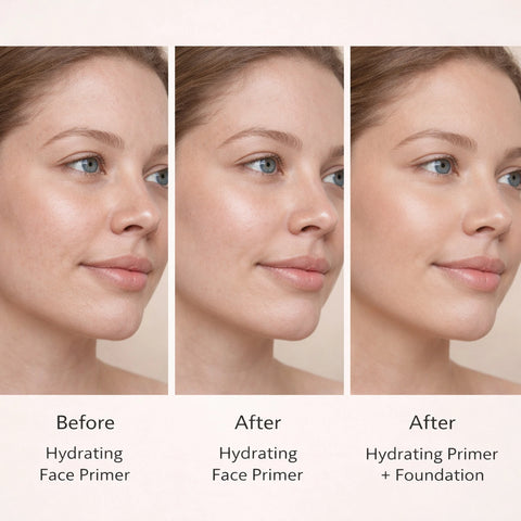 Lily Lolo Hydrating Face Primer 25ml before and after panel showing a woman's face in three steps: Before, After Primer and After Primer + Foundation