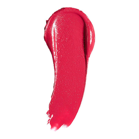 Bright reddish pink 'mi amor' lipstick swatch on a white background. 