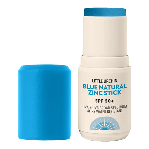 Little Urchin Blue Natural Zinc Stick SPF 50+ sunscreen stick shown with its blue cap removed and placed beside the cream-coloured stick container on a white background.