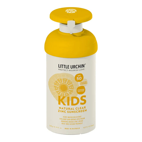 A bottle of Little Urchin Kids Natural Clear Zinc Sunscreen with a bright yellow cap and a white bottle body featuring a yellow sun graphic.