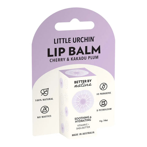 Little Urchin Cherry & Kakadu Plum lip balm in its retail packaging, featuring a lavender and white box with black text and icons.