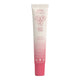 Back of tube of strawberry lip balm, featuring a pink gradient at the bottom, with pink text and icons.