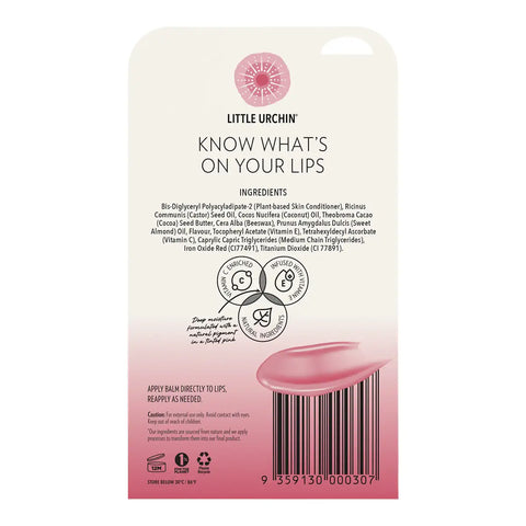 The back of a Little Urchin lip balm tube or packaging card, showing product ingredients, icons, and a pink balm stick illustration above a barcode on a white-to-pink gradient background.