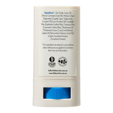 Back view of 20g tube of Natural Zinc Stick SPF 50+, a clear, hydrating, vegan formula that provides UVA and UVB broad spectrum protection from the sun while also being 4 hours water-resistant. The back shows the ingredients. Packaged in a cream tube with minimal blue and black text on the label.