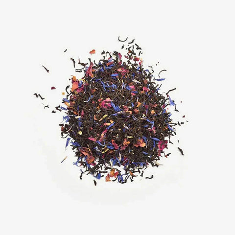 Love Tea Earl Grey Loose Leaf Tea leaves, blend of Ceylon black tea, floral petals, and bergamot essential oil.