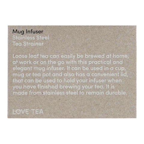 Love Tea Mug Infuser grey card box front with the words Mug Infuser and small print on a plain white background, clear product photo