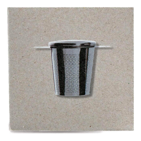 Love Tea Mug Infuser grey card box side with a picture of the stainless steel infuser on a plain white background, clear product photo