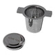 Love Tea Mug Infuser a stainless steel basket infuser with two handles and its lid beside it on a plain white background, clear product photo
