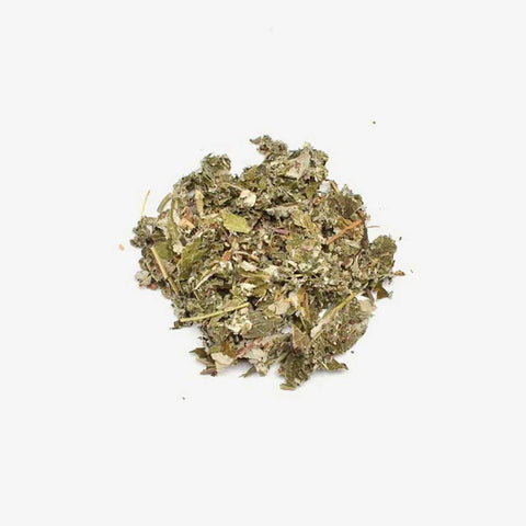 Love Tea Raspberry Leaf Loose Leaf Tea 50g, a small pile of dried green leaves, overhead on a plain white background, clear product photo