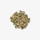 Love Tea Raspberry Leaf Loose Leaf Tea 50g, a small pile of dried green leaves, overhead on a plain white background, clear product photo